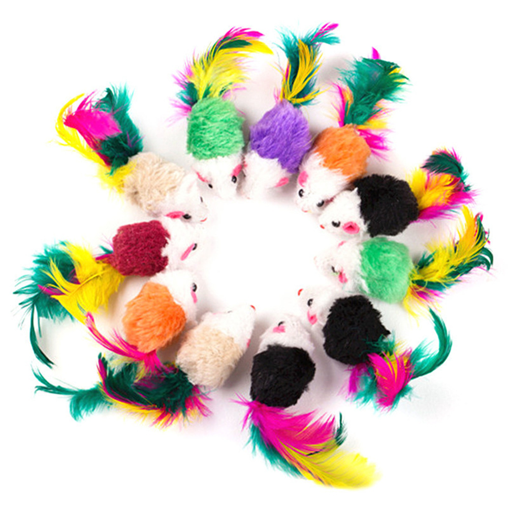 Ybgai Factory price Interactive Cat Toys small Mouse Hunt Cat Toy Colorful feather Mice Pet Dog or Cat Chew Toys