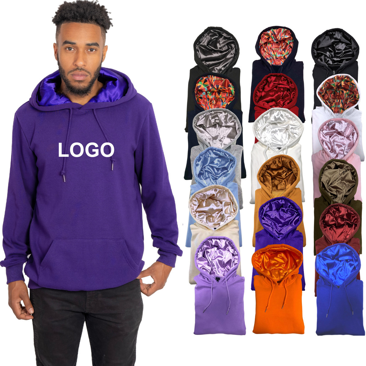 Wholesale Men's Basic Solid Color Thick Cotton Custom Hooded Sweatshirts Silk Satin Lined Hoodies with Hood