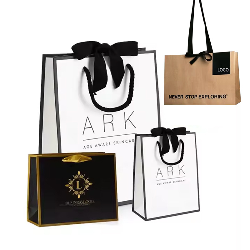 100% Recyclable Luxury Custom Print Design Logo Brown Packaging Retail Gift Paper Bags For Shopping Boutique Shoes Clothing