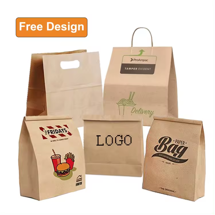 OEM logo print restaurant take out coffee packaging twist handles recycled bubble tea drink kraft togo paper bags for bread