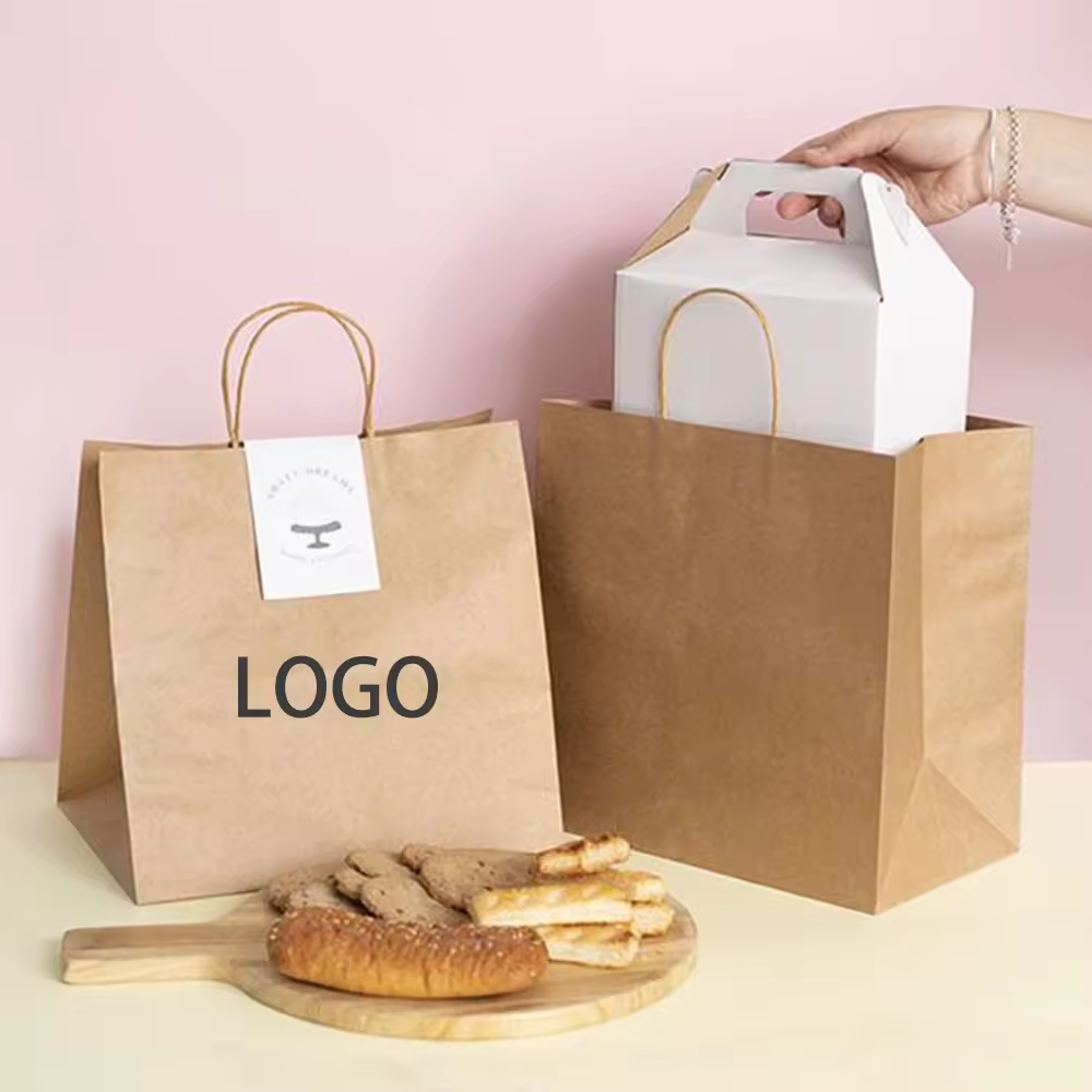 OEM logo print restaurant take out coffee packaging twist handles recycled bubble tea drink kraft togo paper bags for bread