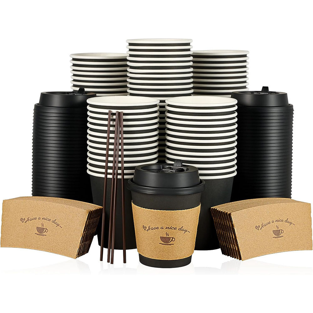 Manufacture custom black white cup 24oz double wall disposable coffee espresso paper cups with your own logo sleeves