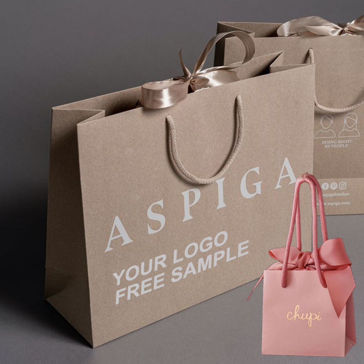 100% Recyclable Luxury Custom Print Design Logo Brown Packaging Retail Gift Paper Bags For Shopping Boutique Shoes Clothing