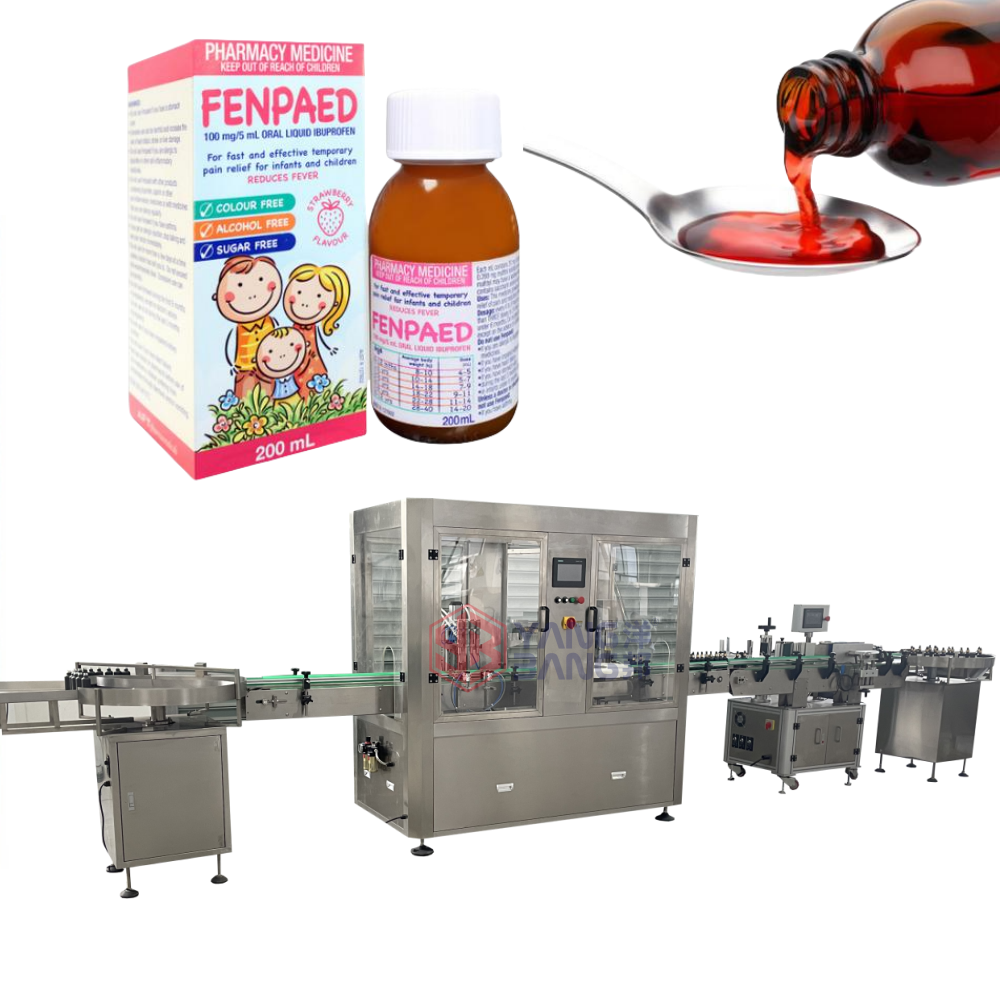 YB-YG4B  Fully automatic 125ml 200ml cough syrup filling machine glass bottle filling crimping sealing machine low price