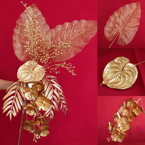 A-1146 Golden Palm Leaf Flower Bouquet Fake Gold Plant Bush Grass Greenery Party Wedding Decor Artificial Plants Golden Leaves