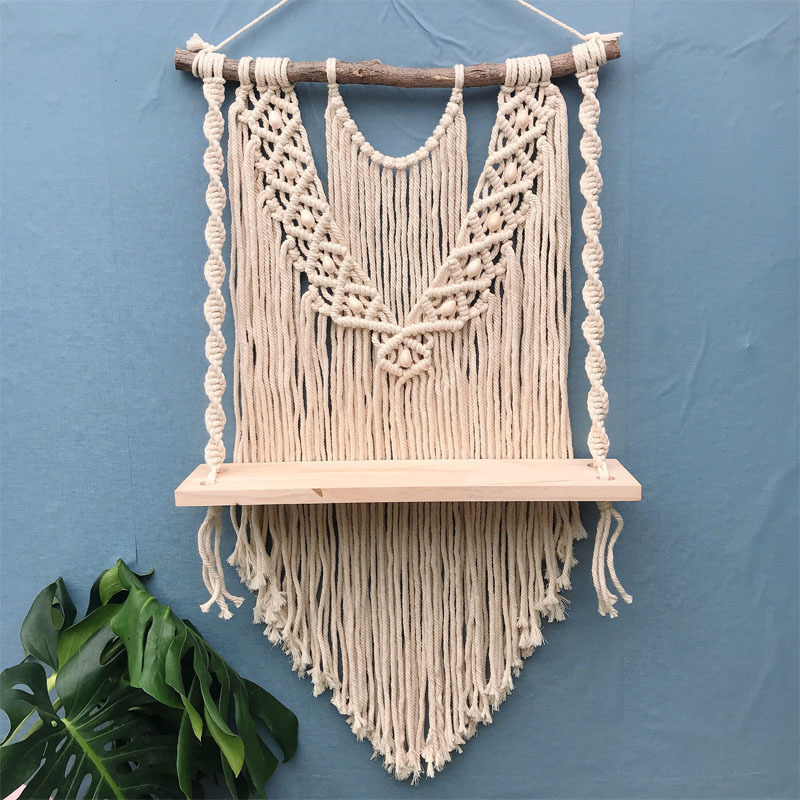 Boho Woven Tapestry Home Decor Plant Wall Hanger Bracket Solid wood Board Storage Decoration Bracket Plant Hanger Macrame