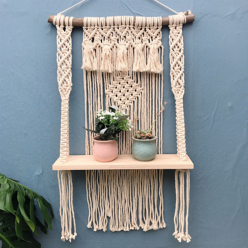 Boho Woven Tapestry Home Decor Plant Wall Hanger Bracket Solid wood Board Storage Decoration Bracket Plant Hanger Macrame