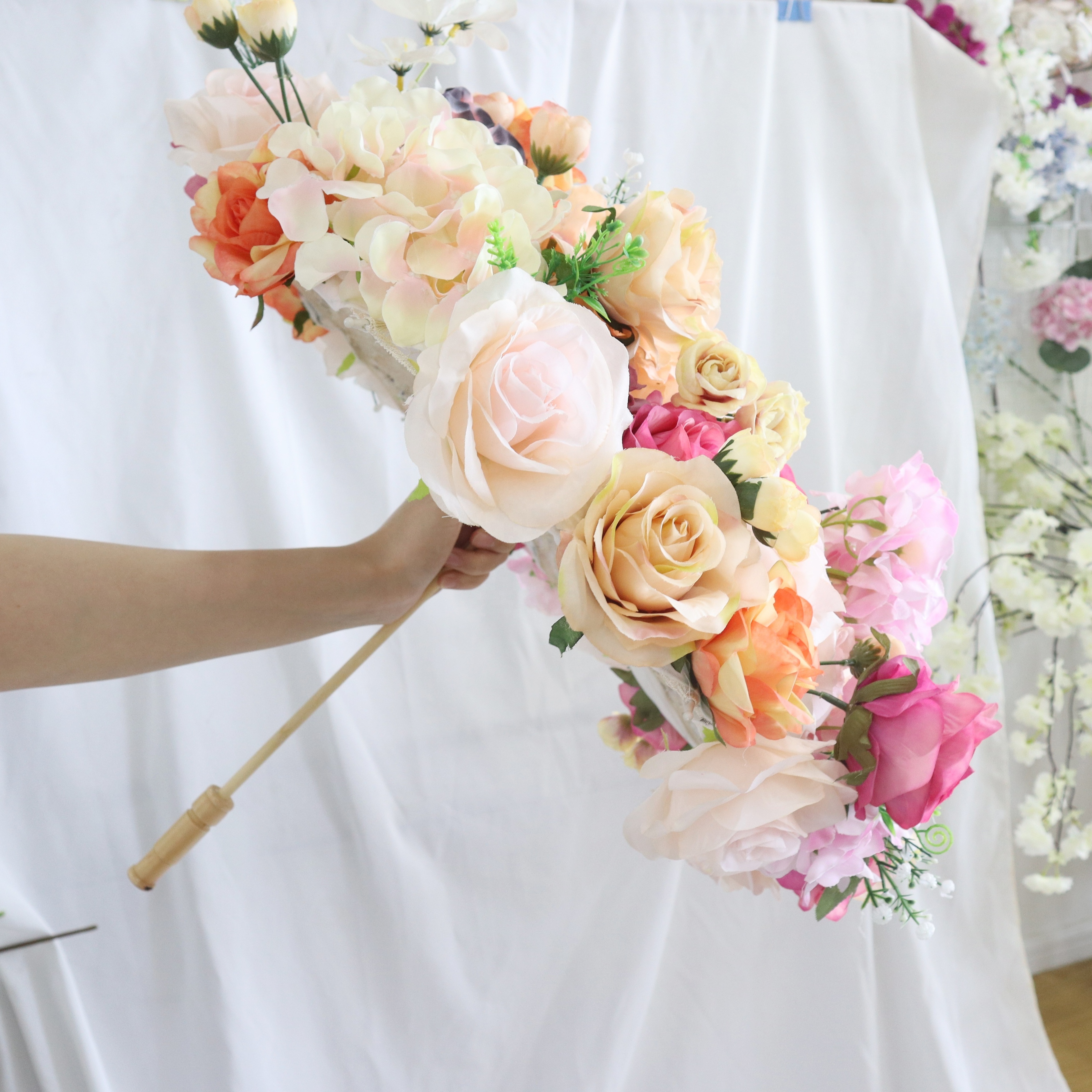 X312 Wedding decor Artificial Bridal Umbrella silk Flower Girl Parasol Fake Bridal Floral flower Umbrella For Wedding decoration