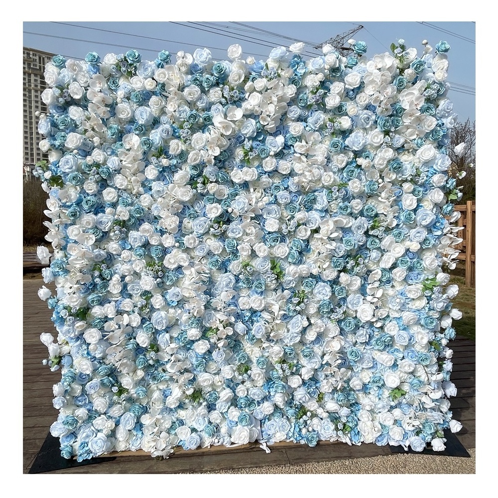 Wedding white peacock light blue rose artificial flower wall panel backdrop background flowers wall panel for wedding decoration