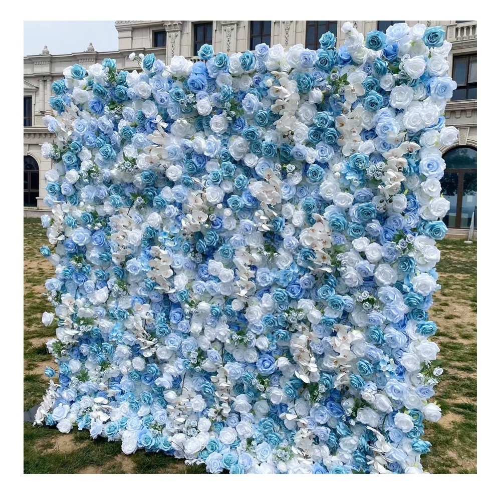 Wedding white peacock light blue rose artificial flower wall panel backdrop background flowers wall panel for wedding decoration