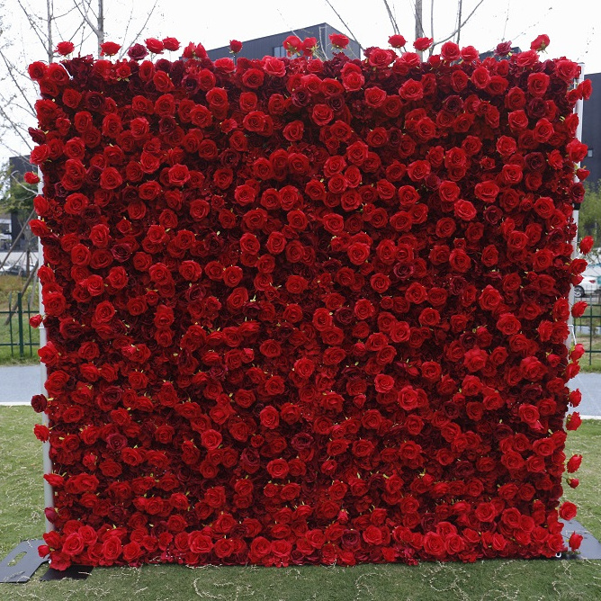 A3 Wedding Decoration 8ft x 8ft Red Flower Wall Backdrop Panel 3D 5D Roll Up Fabric Artificial Silk Rose Flower Wall with Zipper