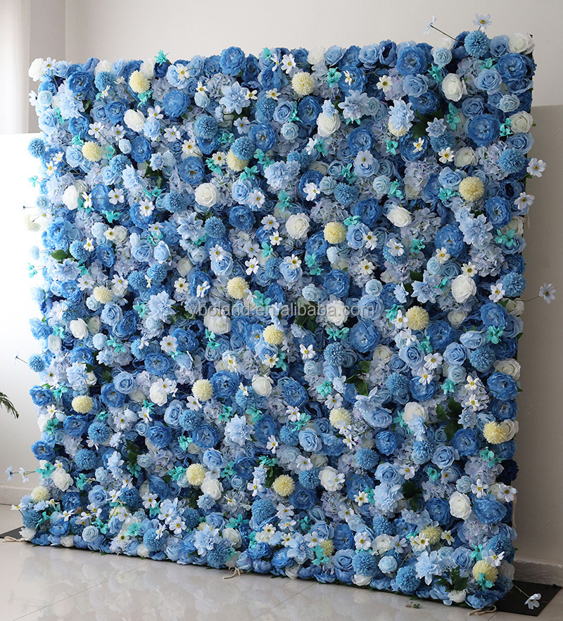 K08-1 Home Wedding Wall Floral Decor 3D Roll Up Fabric Cloth Artificial Flower Wall Blue Silk Rose Flower Wall Backdrop Panel