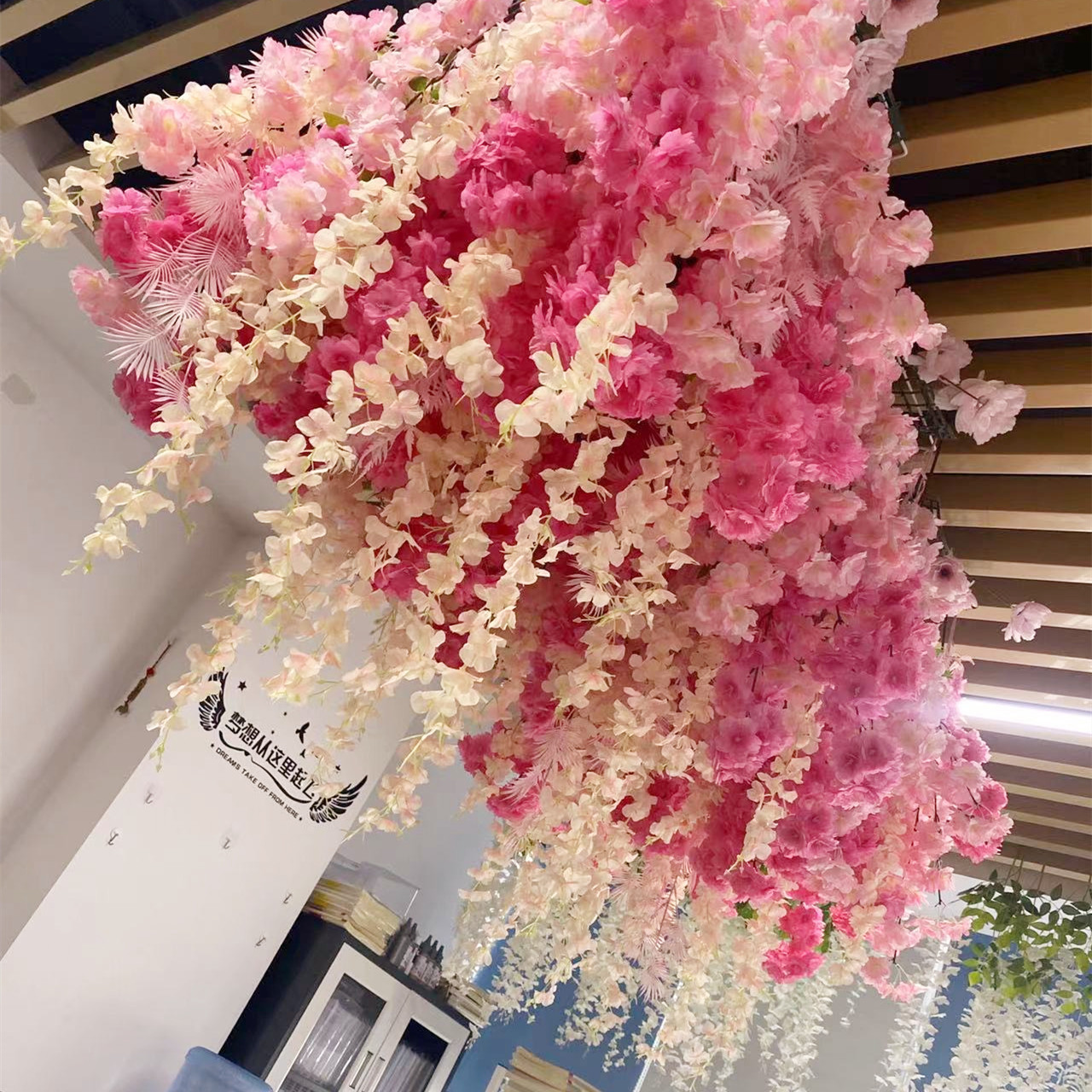 E10 Wedding Fake Wisteria Vine Cherry Blossom Flower Garland Stand Floral Wall Artificial Hanging Ceiling Flowers for Roof Decor