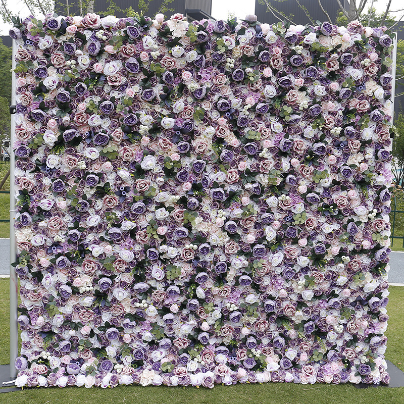 A-1478 Home decor luxury wall silk flower blue and purple artificial roll up flower wall 8x8 outdoor fake flower wall decor