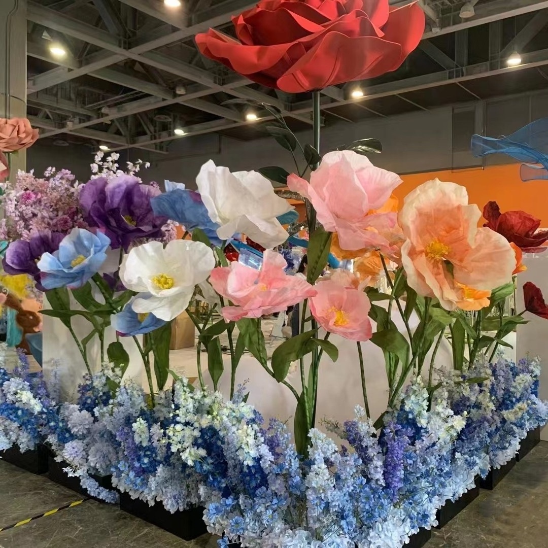 S0344 Wholesale window display Large Big Flower Crepe Paper poppy silk Rose Stand Giant Artificial flowers for Wedding decor