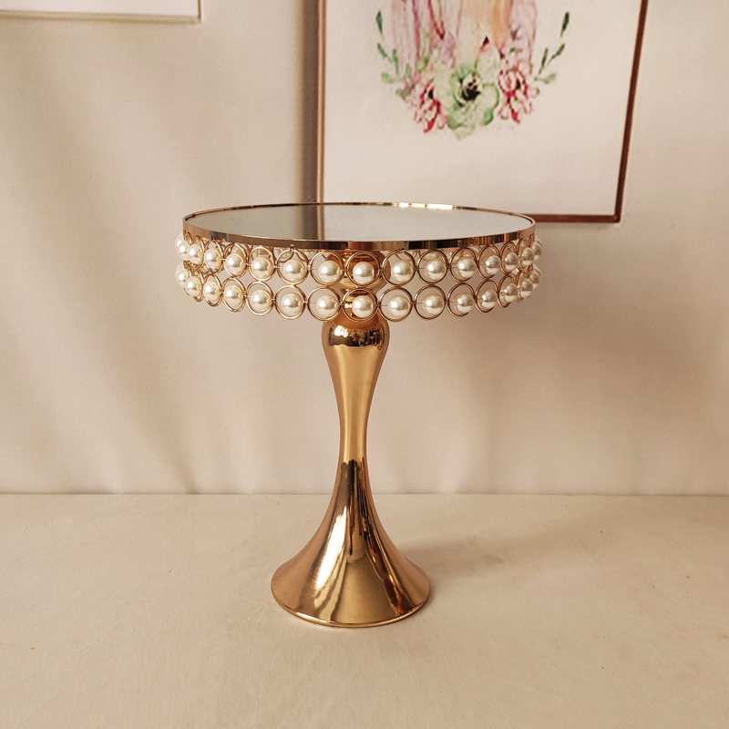 S0237 Luxury round gold silver mirror stand pearl crystal metal pedestal cake display cake stand for wedding party decoration