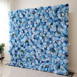 K08-1 Home Wedding Wall Floral Decor 3D Roll Up Fabric Cloth Artificial Flower Wall Blue Silk Rose Flower Wall Backdrop Panel