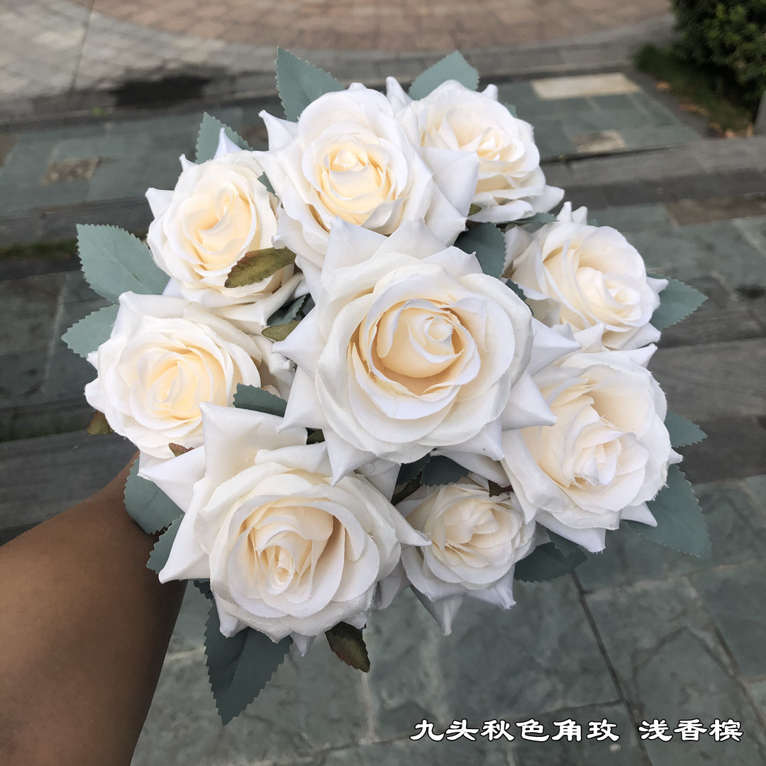 K09 Wholesale Wedding Decoration Artificial Diamond Roses Flower Bunch White Red 9 Head Fake Silk Flowers Bouquet for Home Party