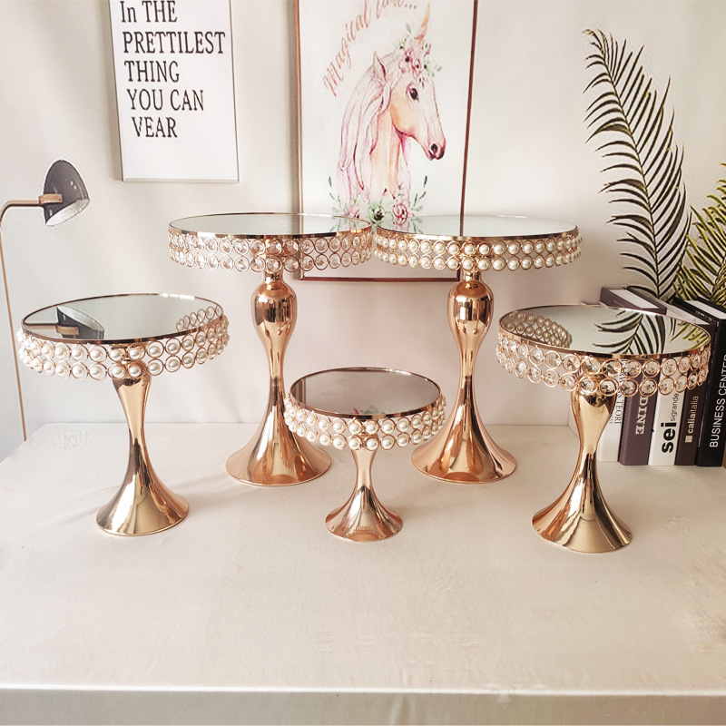 S0237 Luxury round gold silver mirror stand pearl crystal metal pedestal cake display cake stand for wedding party decoration