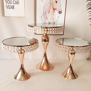 S0237 Luxury round gold silver mirror stand pearl crystal metal pedestal cake display cake stand for wedding party decoration