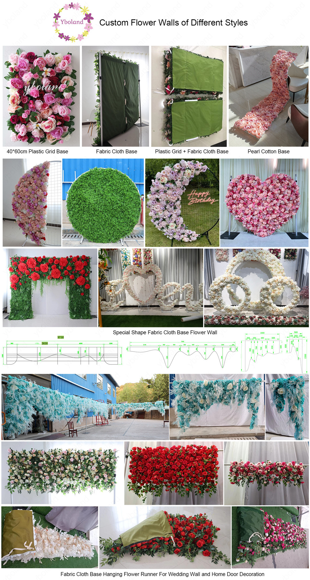 K08-1 Home Wedding Wall Floral Decor 3D Roll Up Fabric Cloth Artificial Flower Wall Blue Silk Rose Flower Wall Backdrop Panel