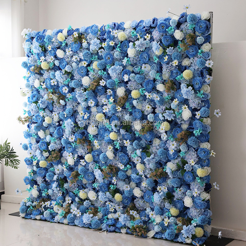 K08-1 Home Wedding Wall Floral Decor 3D Roll Up Fabric Cloth Artificial Flower Wall Blue Silk Rose Flower Wall Backdrop Panel