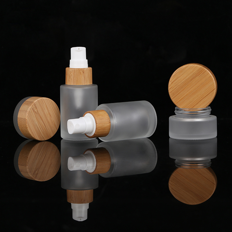 Lotion Pump Glass Bottle with Bamboo Cover Factory Direct Supply 2oz 3oz 4oz Cosmetic Provided Personal Skin Care Packaging