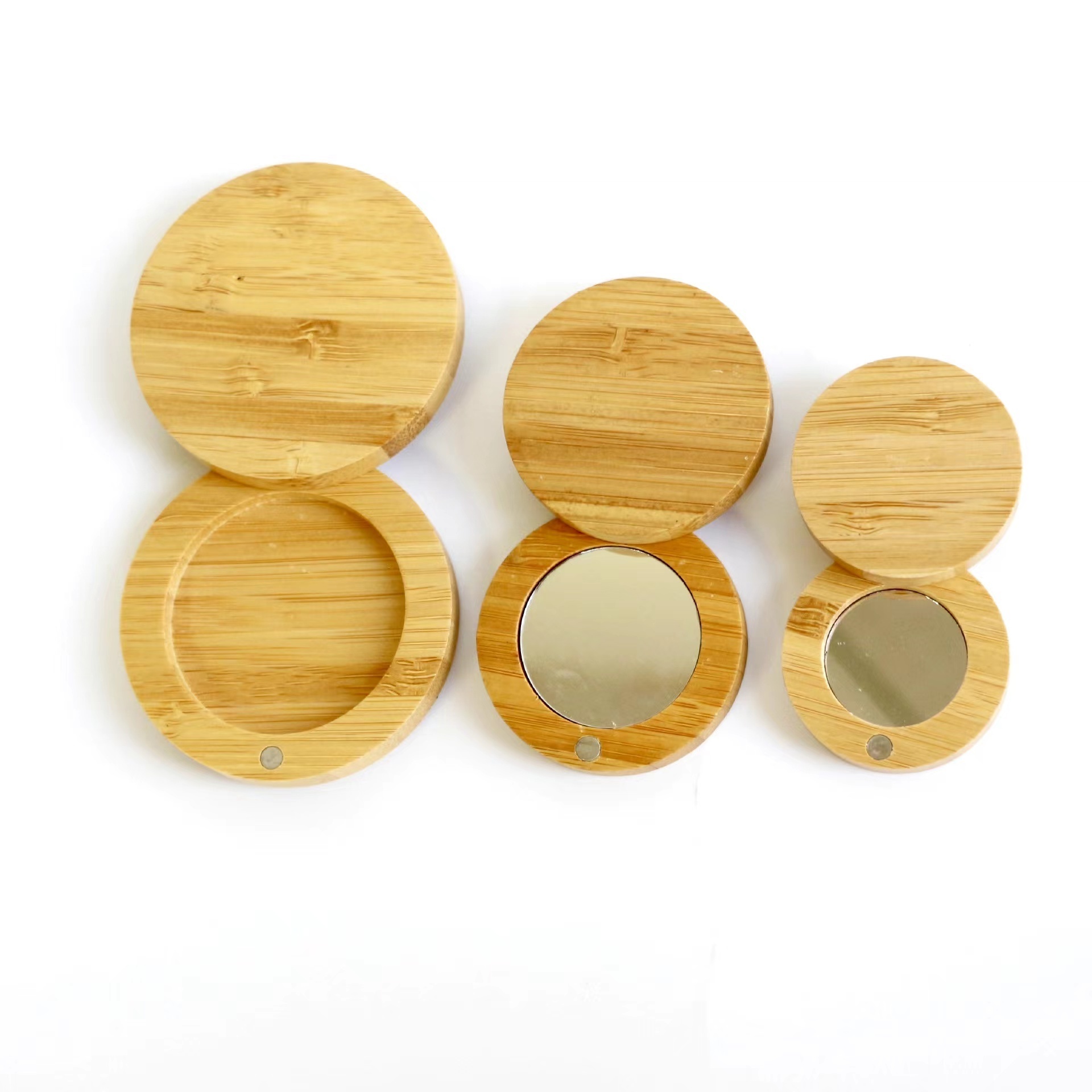 Make Up Packaging Cosmetic Wooden Bamboo Round Mirror Eye Shadow Blusher compact powder case