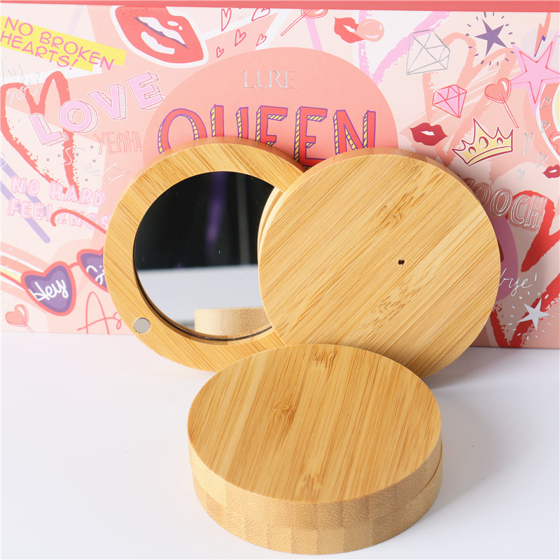 Make Up Packaging Cosmetic Wooden Bamboo Round Mirror Eye Shadow Blusher compact powder case