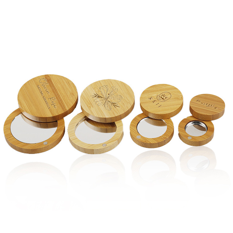 Make Up Packaging Cosmetic Wooden Bamboo Round Mirror Eye Shadow Blusher compact powder case