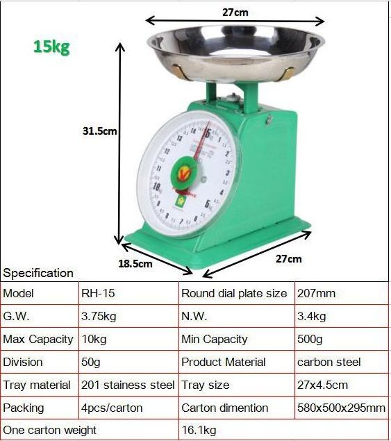 High quality Kitchen dial spring scale mechanical weighing apparatus with stainless steel round tray 15kgs