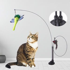 Wholesale Interactive Cat Toy Detachable Feather Replacement Butterfly Steel Wire Cat Teaser Stick with Suction Cup