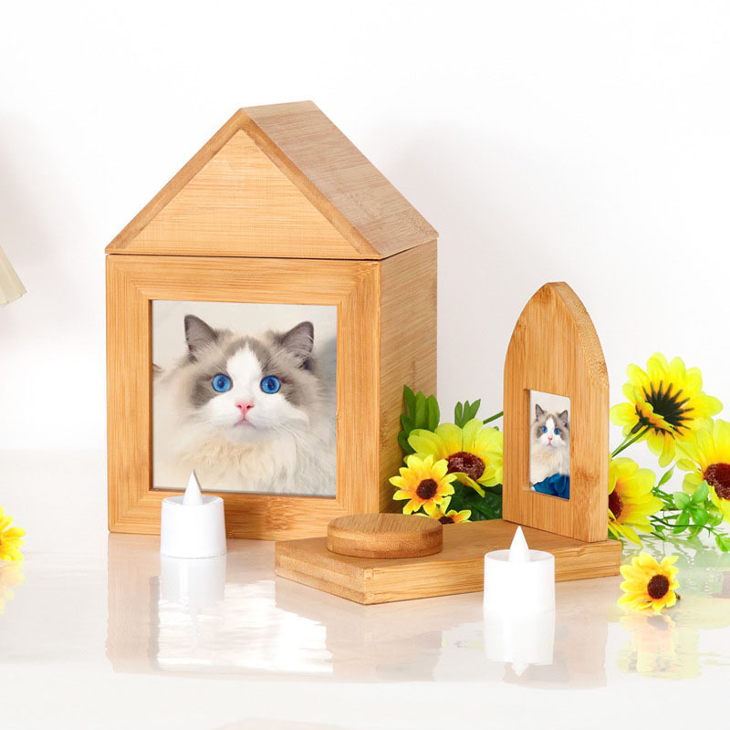 Wholesale Wooden House Shape Pet Keepsake Urn Personalized Memory Photo Wood Memorial Pet Urn for Cat or Dog Ashes