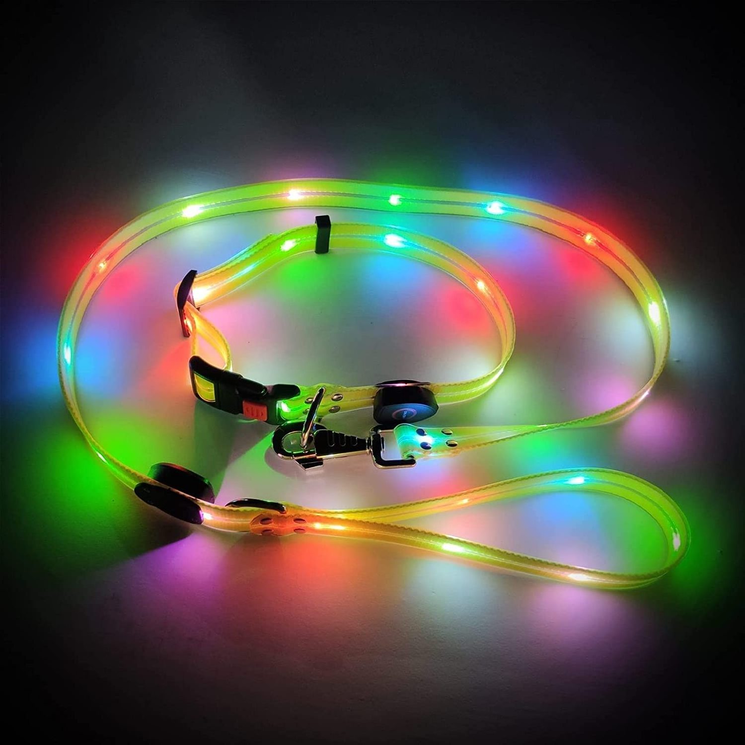 LED Light Up Dog Leash and Collar Waterproof USB Rechargeable Flashing Glow in the Dark Dog Leash with Luminous Flashlight