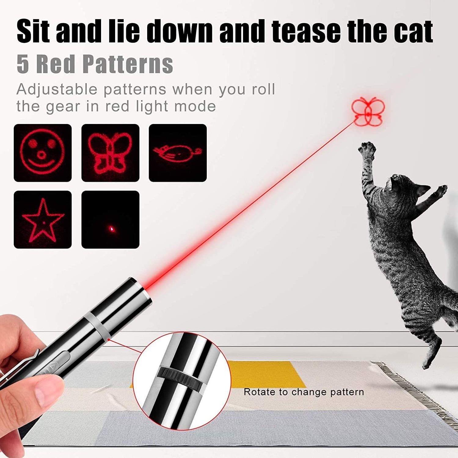 3 In 1 Cat Laser Toy USB Recharge Red Dot LED Light Pointer Interactive Toys Pet Chaser Tease Stick Training Toys