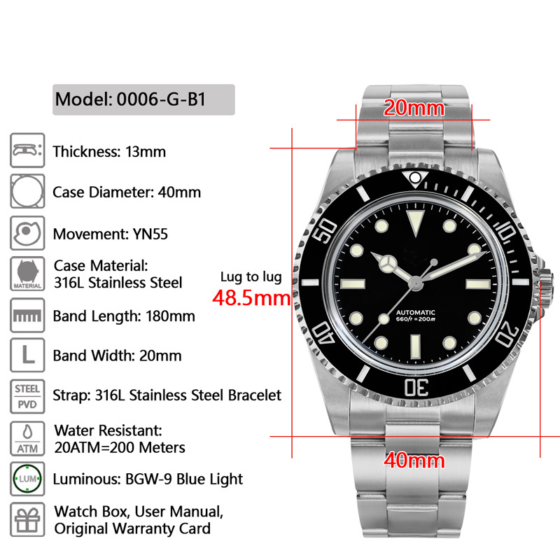 New 40mm Watch for Men Classic Luxury YN55 Diver Water Ghost Automatic Mechanical Sapphire Waterproof 200m BGW9 Men's Watches