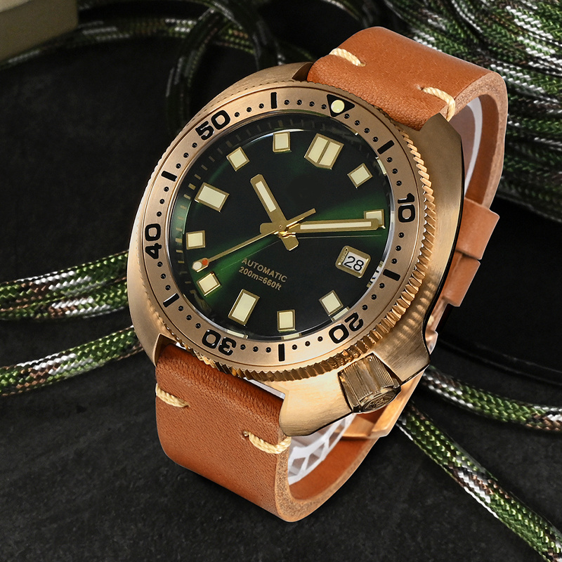 44mm Turtle Solid Bronze Vintage Diver Men Mechanical Watch 20 Bar Luminous Leather Strap Relojes Sapphire Glass Dive Watches