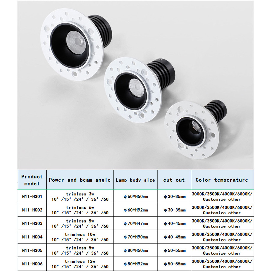 Aluminium small spotlight boarderless recessed ceiling light 5w 7w mini downlight 50mm cut out led downlight trimless