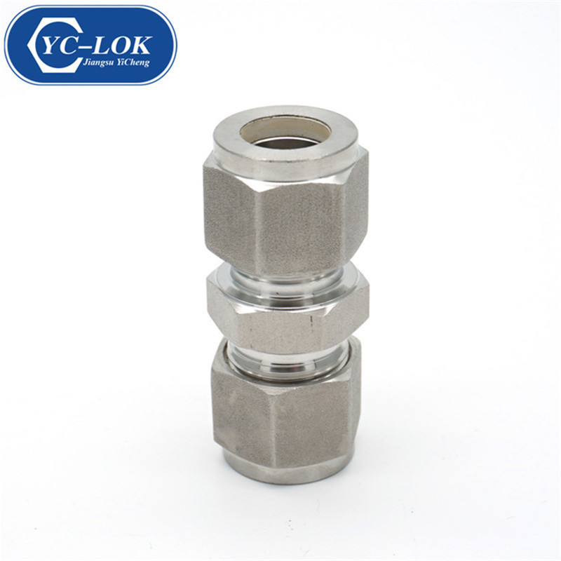 Stainless steel double-ferrule straight union hydraulic pipe connector