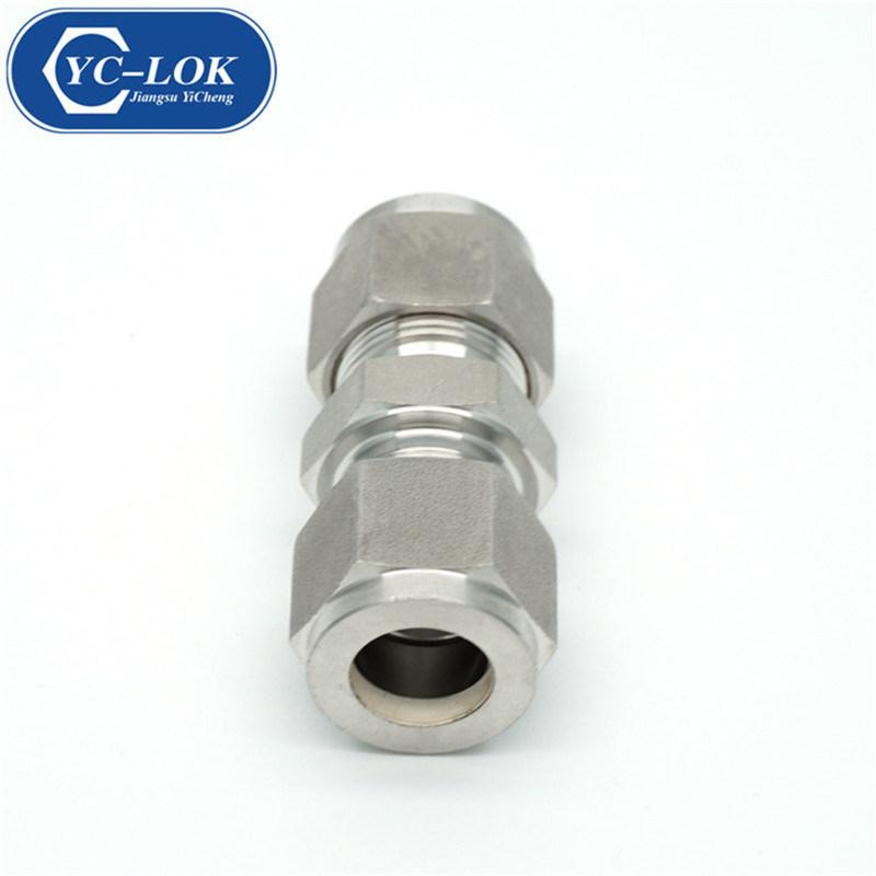 Stainless steel double-ferrule straight union hydraulic pipe connector