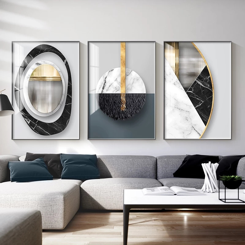 Hotel Light Luxury Wall Art Modern Wall Decor Framed Canvas Glass Painting Pictures for Living Room Decor