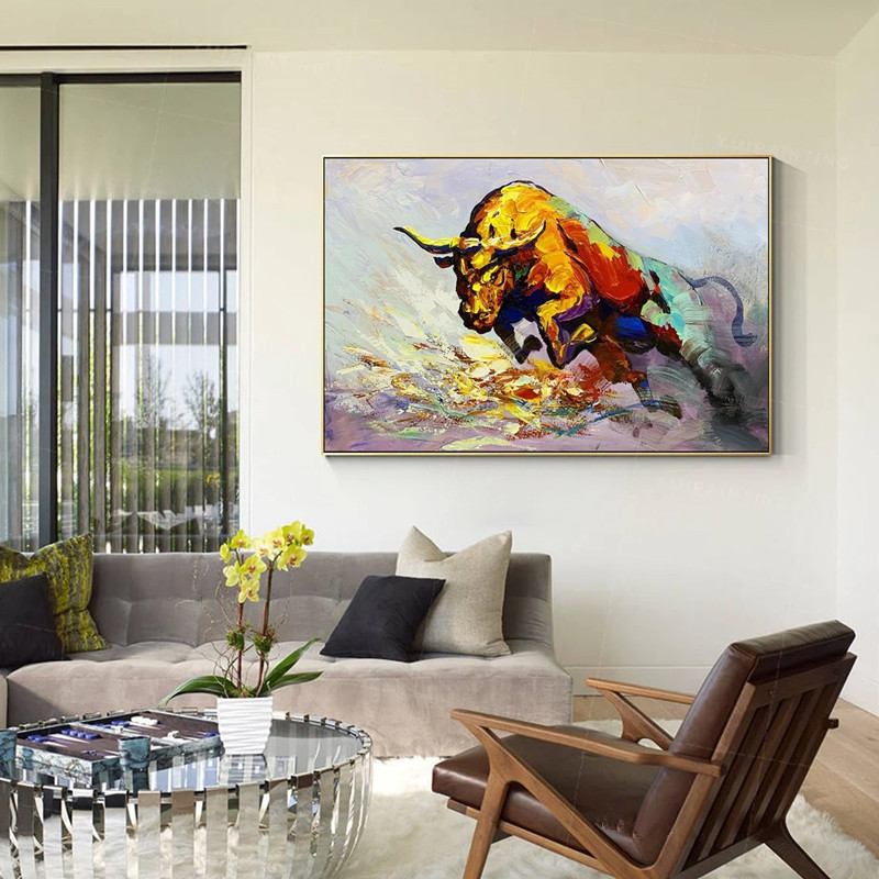 Colorful Abstract Bull Wall Art Oil Painting On Canvas Modern Large Art Pop Whimsical Art For Living Room Decor Paintings