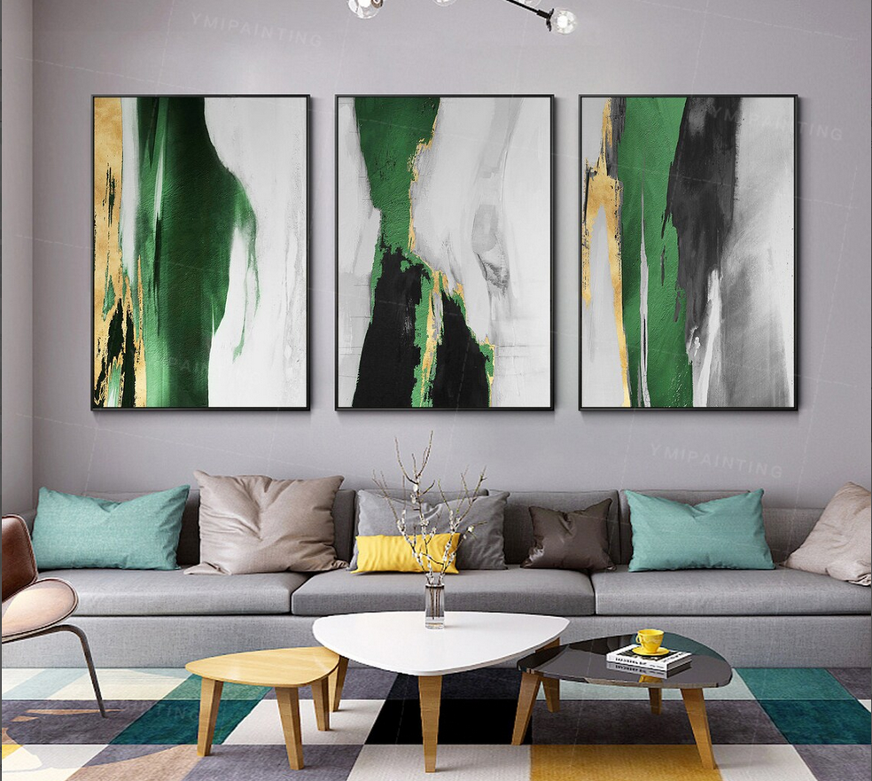 Modern Framed Set of 3 Living Room Wall Art Gold Waterfall Landscape Canvas Emerald Green Black Handmade Abstract Oil Painting