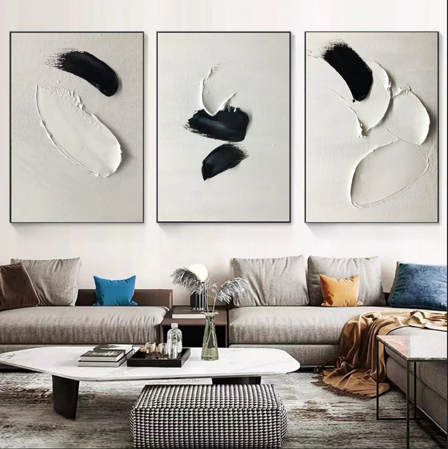 Modern 3D Texture Beige Minimalism Wall Art Decor White Abstract Black Canvas Painting for Home Living Room