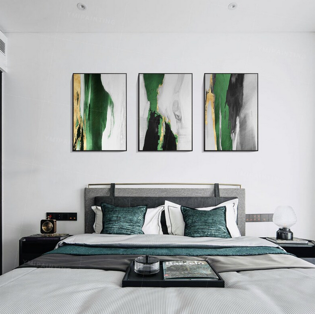 Modern Framed Set of 3 Living Room Wall Art Gold Waterfall Landscape Canvas Emerald Green Black Handmade Abstract Oil Painting