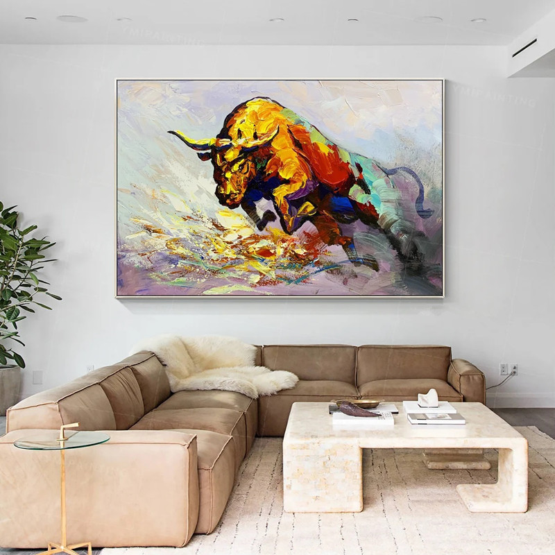 Colorful Abstract Bull Wall Art Oil Painting On Canvas Modern Large Art Pop Whimsical Art For Living Room Decor Paintings