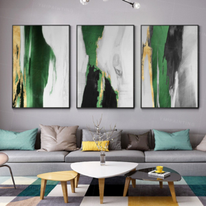 Modern Framed Set of 3 Living Room Wall Art Gold Waterfall Landscape Canvas Emerald Green Black Handmade Abstract Oil Painting