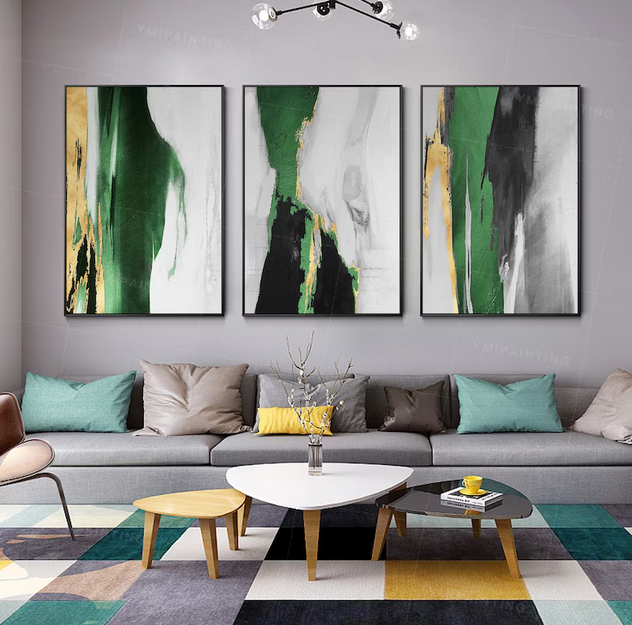 Modern Framed Set of 3 Living Room Wall Art Gold Waterfall Landscape Canvas Emerald Green Black Handmade Abstract Oil Painting