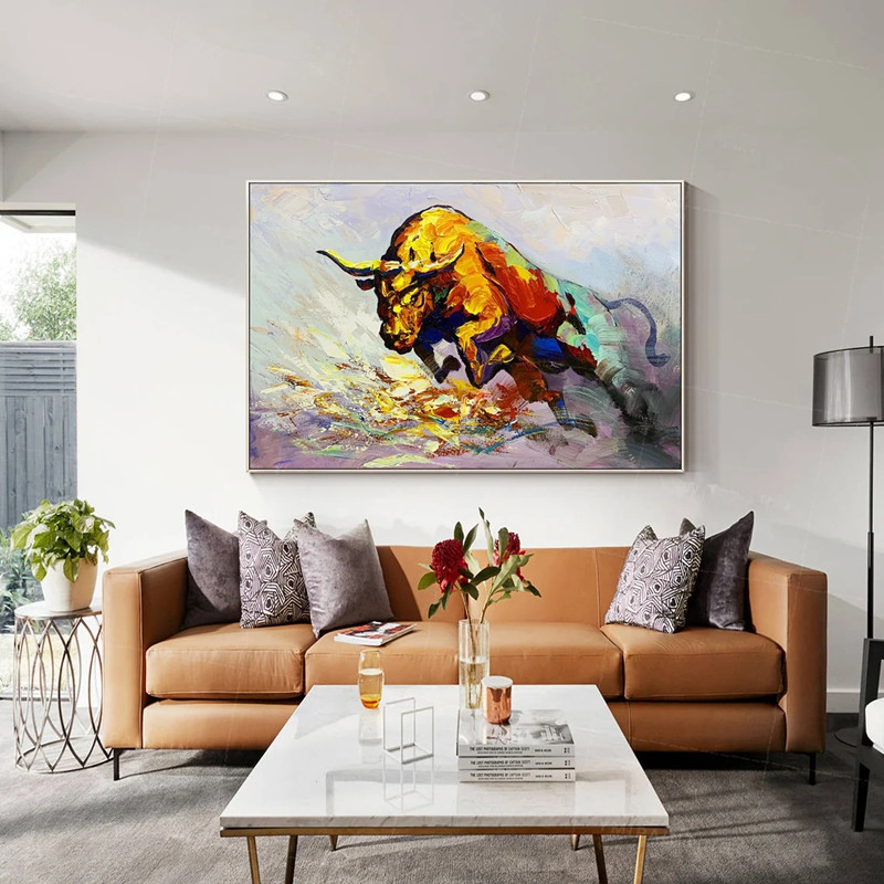 Colorful Abstract Bull Wall Art Oil Painting On Canvas Modern Large Art Pop Whimsical Art For Living Room Decor Paintings