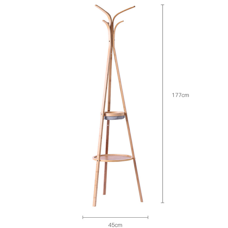 Bamboo Clothes Rack Garment Rack with 2-Tier Storage Shelves and 4 Coat Hooks for Shoes, Clothing